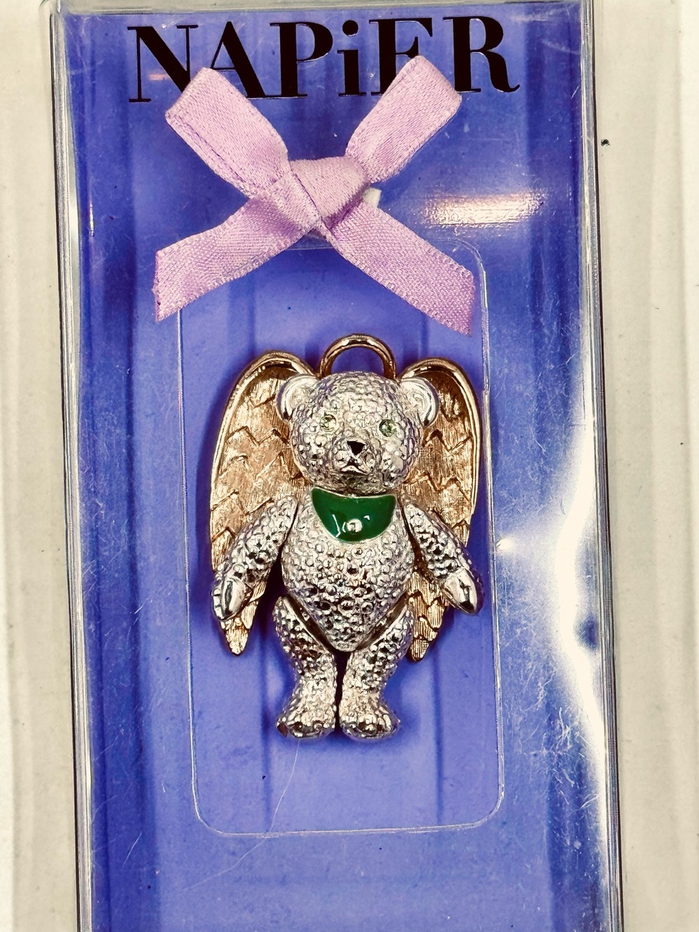 NAPiER Vintage Silver & Gold Articulated Angel Teddy Bear Brooch Pendant NIB 🎁